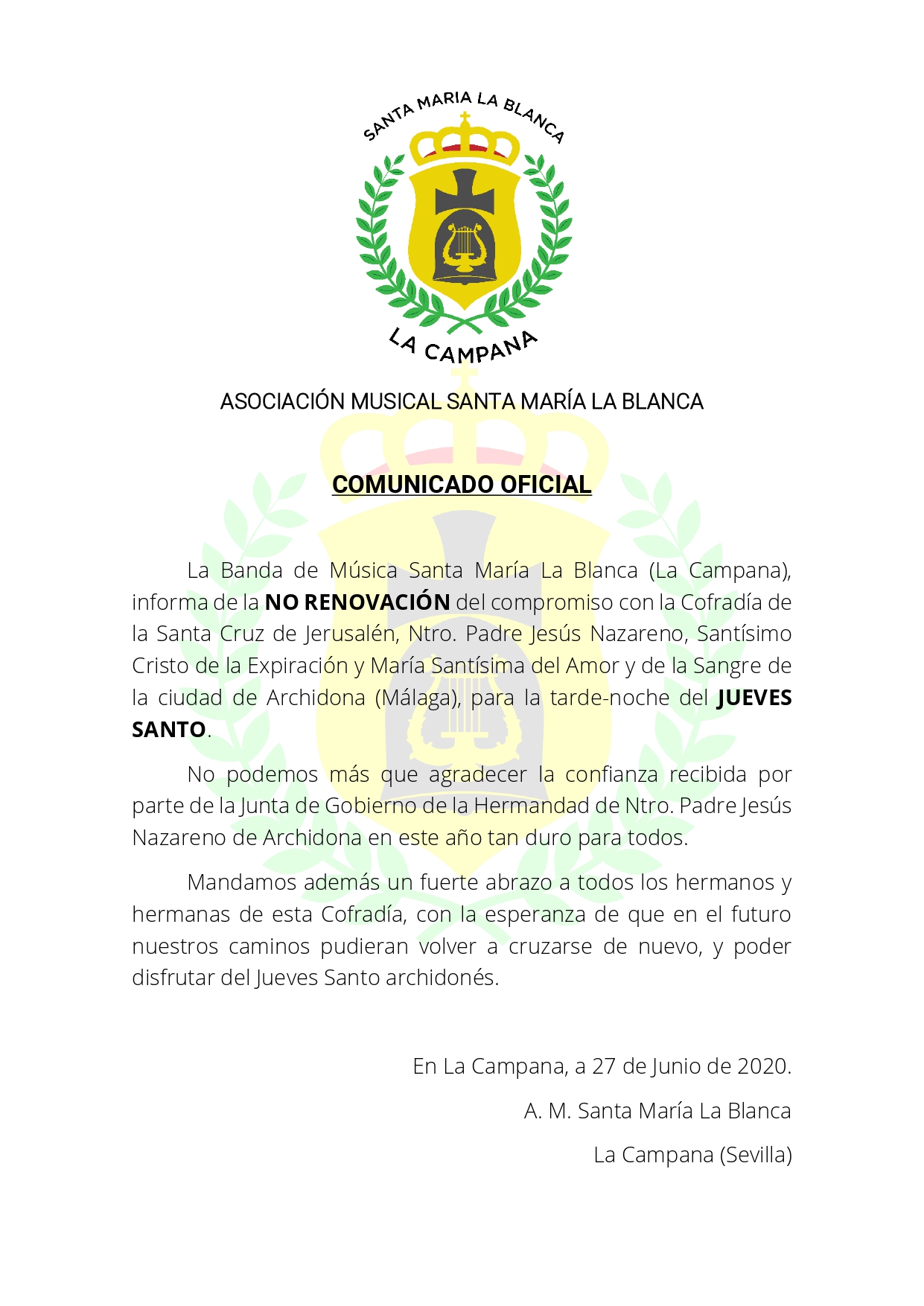 COMUNICADO NO RENOVACIÓN
